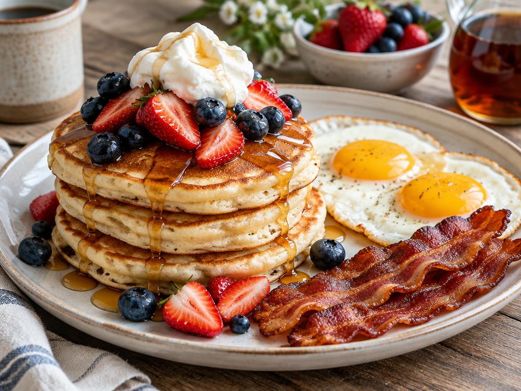 Fluffy Berry Pancakes, Sunny Eggs & Bacon
