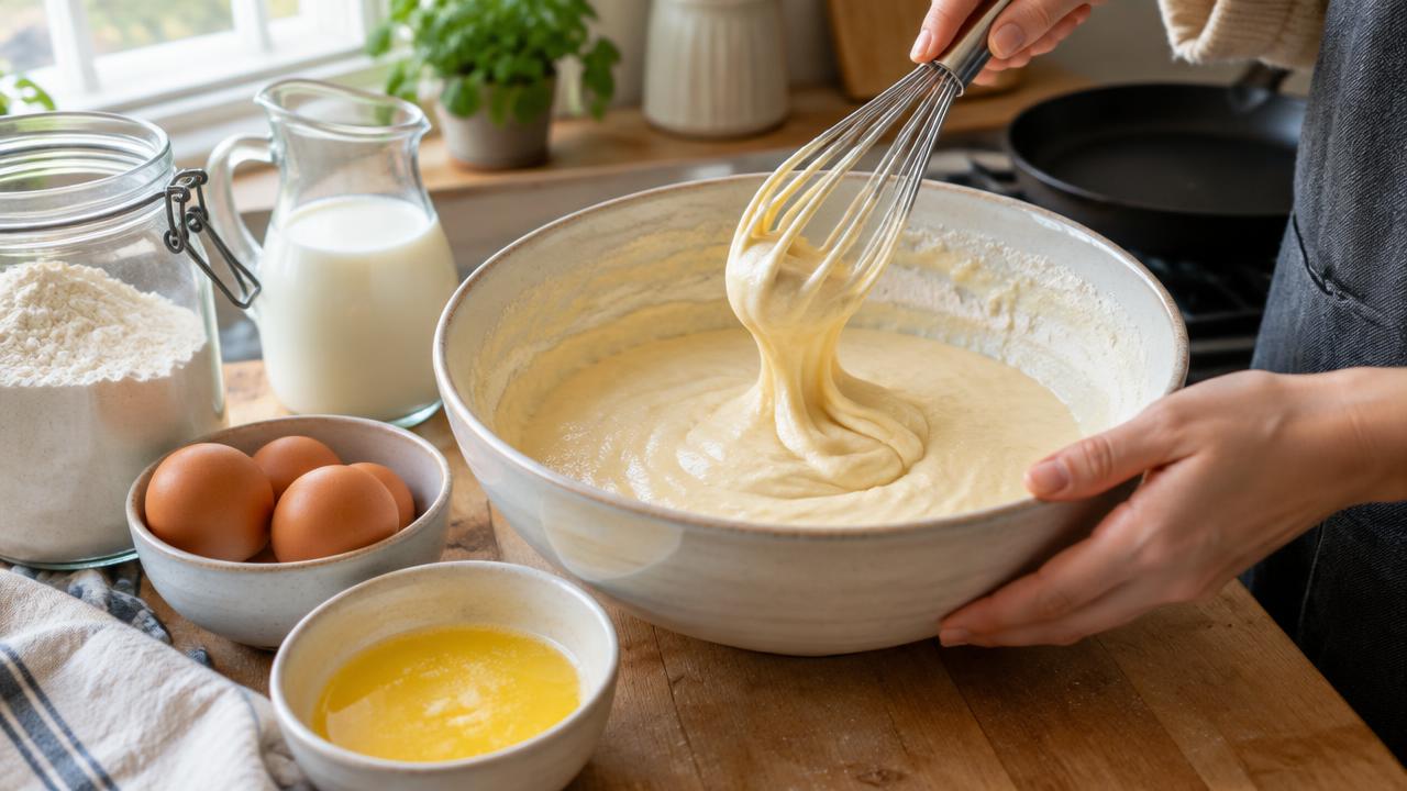 Make pancake batter for Fluffy Berry Pancakes, Sunny Eggs & Bacon