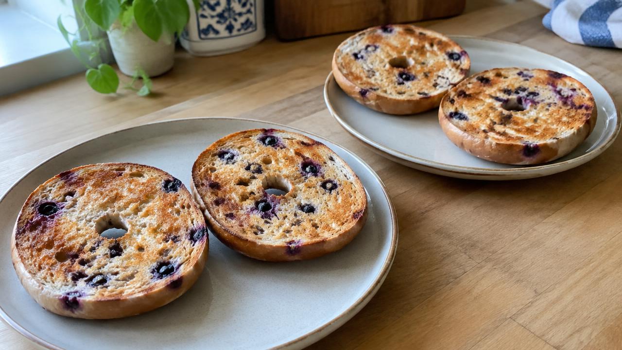 Toast the bagels for Open-Face Blueberry Bagel, Cream Cheese & Egg