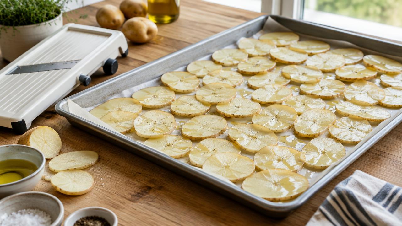 Slice the potatoes for Blueberry Bagel Turkey Club & Homemade Chips