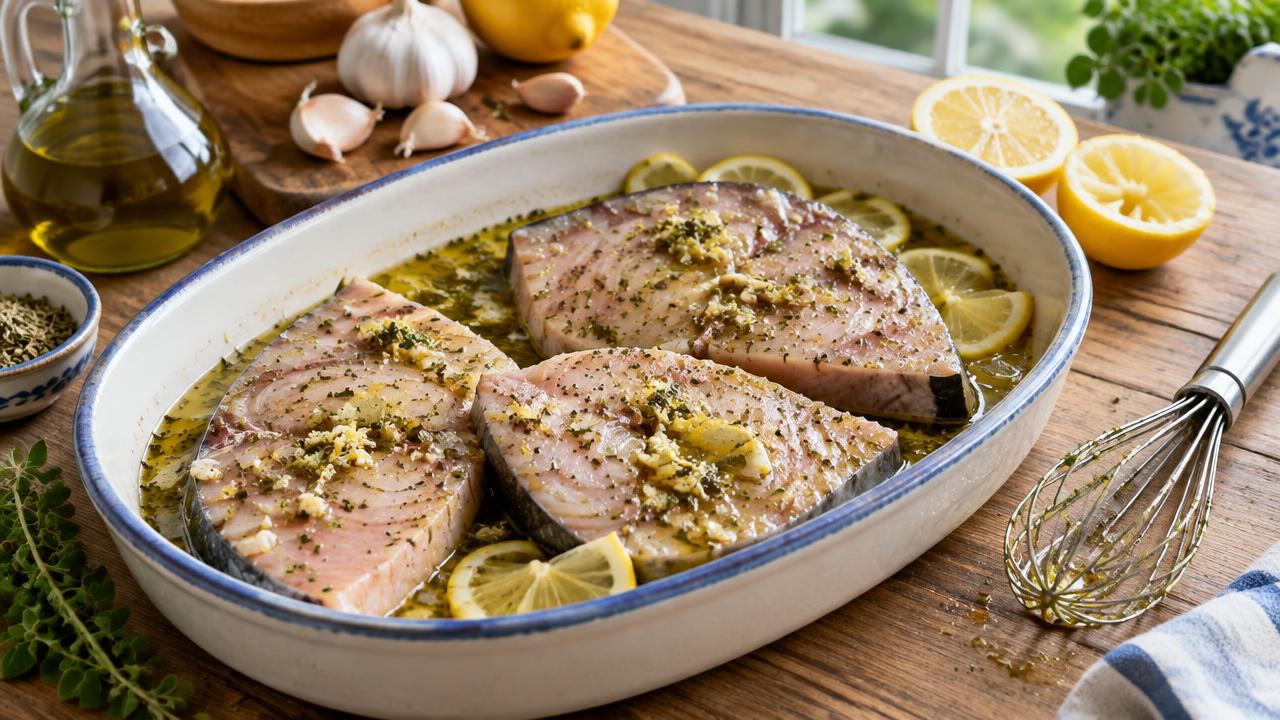 Marinate the Swordfish for Flame-Grilled Swordfish over Spicy Rice